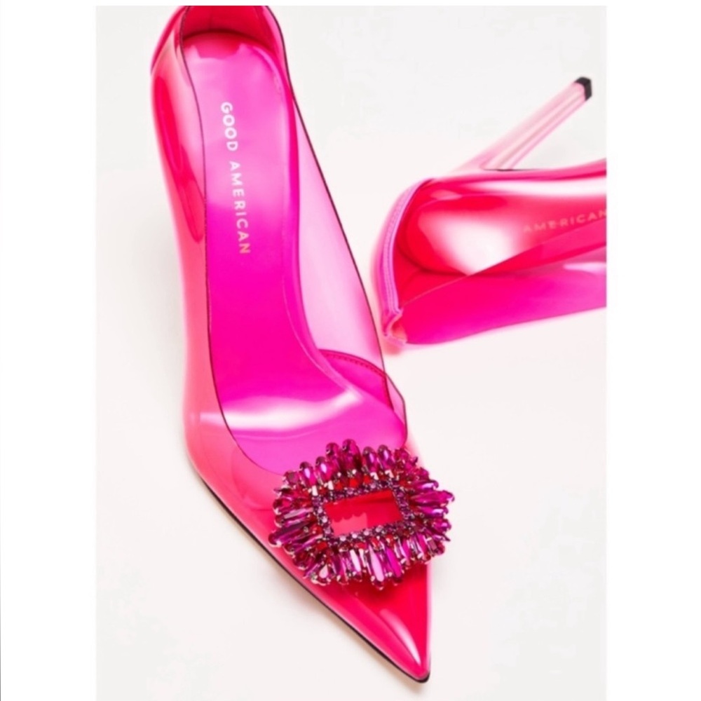 GOOD AMERICAN Cinderella Pink Rhinestone Bejeweled Heels Size 6 Luxury Lucite
